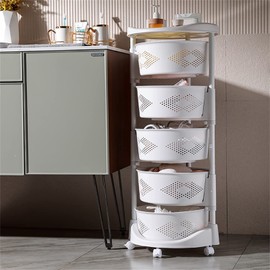ILWorkTLs 5-Tier Adjustable Kitchen Storage Rack,5 Layer Rotating Vegetable Organizer with Lockable Casters,Multi-Layers Rotatable Baskets for Kitchen Bathroom Living Room,White