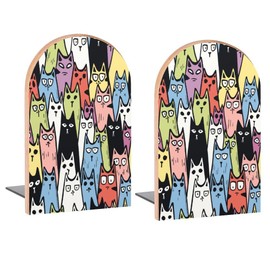 Buyidec Book Ends Funny Cats Wood Bookends for Shelves to Hold Books Heavy Duty Non-Skid Book Stoppers Wood Decorative Home Office School