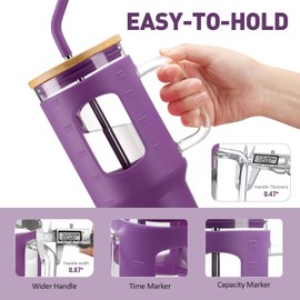 WINSA Glass Tumbler with Straw and Lid, 40 oz Glass Cup with Handle, Glass Water Bottles with Time Marker, 2 Straws - Pearl Straw & Drinking Straw Silicone Protective Sleeve-Dark Purple