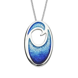 ORTAK 925 Sterling Silver Handmade Pendant Necklace Hot Glass Hand Enamel Coastal Oval Wave Design High Polished Scottish Fine Jewellery Made In Scotland