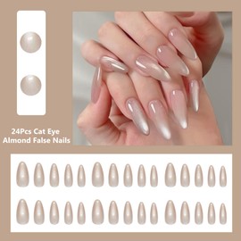 False Nails Almond Medium Length - 24Pcs Light Nude Cat Eye Press on Nails Almond - Glossy Full Cover Stiletto Fake nails with Glue - Shiny Acrylic Summer Stick on Nails for Women Girls