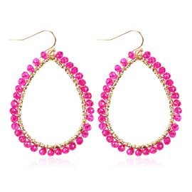 Bohemian Beaded Statement Earrings - Lightweight Sparkly Crystal Teardrop Dangle, Rainbow Marquise, Multi Color Oval Drop, Pearl Hoops (Beaded Hoop Teardrop - Fuchsia)