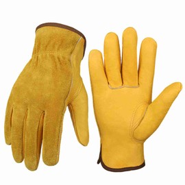 Leather Work Gloves for Men and Women Cowhide Gloves with Elastic Cuff Winter Warm Gloves for Wood Cutting/ Construction/ Truck Driving/ Gardening/ Yard Working (Yellow, M)