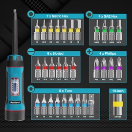Aurlloct MicroClick Torque Screwdriver Extra Long Style 1/4 Inch 1-8 Nm with Interchangeable Bits for Bicycle Repair, 32 Pieces