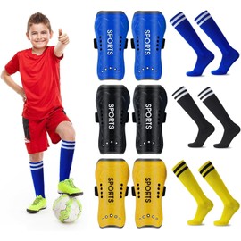 BLAZDEVE 3Pairs Football Shin Guards and Sleeves for Kids Youth, High Elastic Long Soccer Sock Sleeves + Shin Pads, Kids Football Socks for Boys and Girls Leg Calf Protective Gear (L Over 15th)