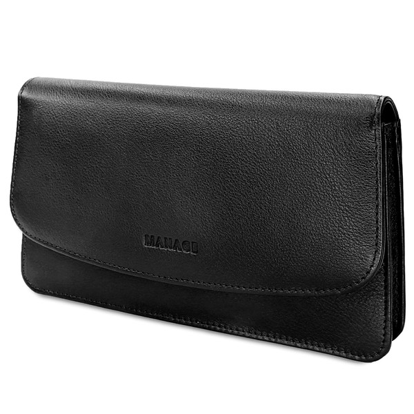 MANAGE Women's Cosmetic Bag with Mirror Makeup Bag Small Genuine Leather Elegant Clutch 18.5 x 10 x 3.5 cm, black