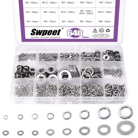 Swpeet 640Pcs 304 Stainless Steel 8 Different Sizes M2 M2.5 M3 M4 M5 M6 M8 M10 Flat Washer and Lock Washer Assortment Kit, Lock Metal Washers Fender Washers Split Lock Washers for Home, Shop Use