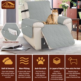 XINEAGE 100% Waterproof Recliner Chair Cover, Non Slip Covers for Recliner Chair with Pocket, Washable Dog Recliner Couch Cover with Elastic Straps (Light Gray, 22")