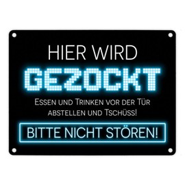 "Hier wird gezockt" Metal Sign 15 x 20 cm for Gamers in Blue Funny Gift Idea for Boys and Girls who love computer games and would like to play all day long