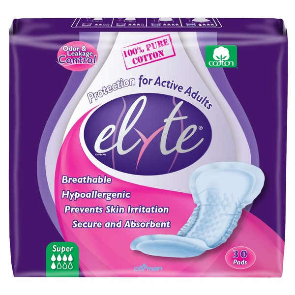 Organyc Elyte 100% Pure Cotton Bladder Control Pads, Sensitive Skin Safe, Super, 30 Count