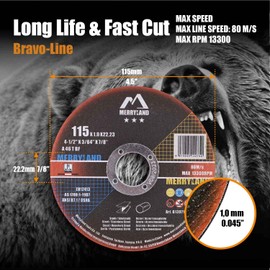 Merryland Bravo-Line B13071042 Cutting Disc 115 Metal Stainless Steel Steel for Angle Grinders, 115 x 1.0 mm Thin Flex Disc Straight, Pack of 25