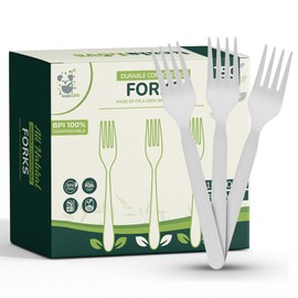 KOALALOVE-150pc 100% Compostable Forks - 150 Large Disposable Utensils. Koala Love, durable and heat resistant alternative to plastic forks with convenient tray