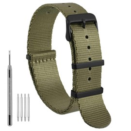 WOCCI 20mm Military Nylon Watch Band, One-piece Nylon Strap for Men and Women, Black Buckle (Army Green)