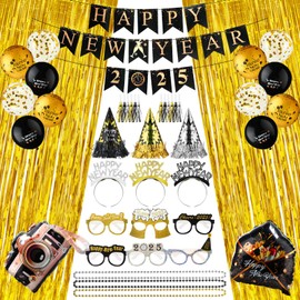 JellyArch 114 Pcs New Years Eve Party Supplies 2025 for 100/50/36/24 Guest Happy New Year Decorations Include 2025 Glasses Hat Tiara Headband Noise Maker Bead Necklace Balloons Gold Foil Fringe Curtai