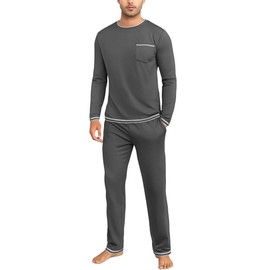 Demegimi Mens Pyjamas Set Long Sleeve Crew Top and Cotton Lounge Pants Winter Mens PJS Sets Loungewear Sleepwear Grey