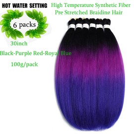 Pre stretched Braiding Hair 30 Inch 6 Packs Professional Braids Hair Extensions High Temperature Synthetic Fiber Braid Hair Crochet Twist Soft Yaki Texture Hot Water Setting(30inch,Black-Purple Red-Sapphire Blue)