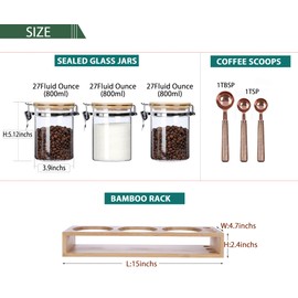 KKC Airtight Borosilicate Glass Coffee Beans, Loose Leaf Tea & Sugar Jars with Bamboo Lids & Scoop,Rack, Labels - Glass Food Storage Canisters for Pantry & Kitchen Organization - 3 Pack,27 Fl.Oz