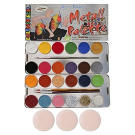 Eulenspiegel 224205 - Profi-Aqua Schminke, 21 Farben, 3 Glitzer, 3 Profi-Pinsel, Metall-Palette