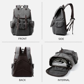 MOYYI Vintage Canvas Backpack for Men Women, Retro Backpack Fits 15.6” Laptop, Casual Flap Backpacks for College, Durable Leather Trim Rucksack for Work Camping Traveling Grey