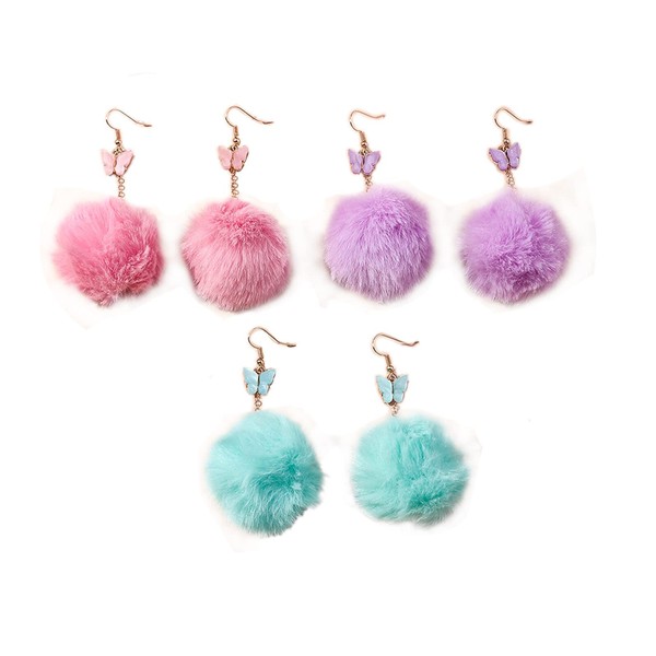 3Pairs Colorful Faux Fur Ball Butterfly Plush Pom Pom Drop