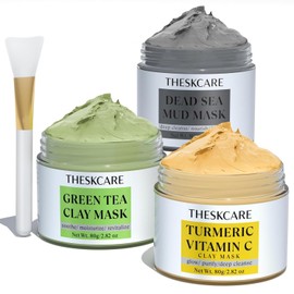 THESKCARE 3PCS Clay Mask Set Turmeric Vitamin C Dead Sea Mud Green Tea Oil Control Facial Deep Cleaning and Brightening Skin 240g each 2.82oz / 더SKCARE 3PCS 클레이 마스크 세트 강황 비타민 C 사해 진흙 녹차 유분 조절용 페이셜 딥 클리닝 및 광채 피부 각 240g 2.82온스