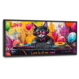 Olivine Banksy Large Wall Art, Graffiti Cat Pictures Wall Decor, Music Painting, Black Cat Canvas Prints, Framed Artwork for Living Room Bedroom Bathroom Office Home Decoration 60"x30"