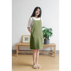 BBYBBS Kitchen Apron Japan Style Cotton Linen Two Pockets Adjustable H Shoulder Straps, Shallow Grass Green, FREE