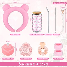 Skylety 7 Pcs Valentine's Day Gifts for Her Pink Theme Gifts Set Love Cup Rose Claw Clip Scented Candle Diamond Pen Hairband Wrist Bands Hair Scrunchy Wedding Gifts for Wife Girlfriend Mom