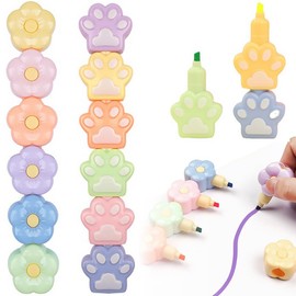Highlighter, Set of 2, Portable Fluorescent Maker Pen, Cute, Cat Claw Shape, Floral Pattern, Cat Paw Pattern, Cartoon Highlighter, Diagonal Tip, Removable, Combinable, Easy to Carry, Students, Adults, Kids, Back to School Gift, Stationery, Writing Supplies, Notebook Use, Office Supplies, Flower + Cat Paw Highlighter (5 Colors + 1 Cap)