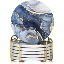 Iron Tree Juego de 6 Portavasos para Mesa Absorbentes, Posavasos de Marmol Antideslizantes de Cerámica para Bebidas, con Soporte de Metal, Coasters para Varios Tipos de Vasos de Agua y Copas de Vino