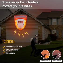 QXMH Solar Outdoor Motion Sensor Alarm: 129db Dog Barking & Gunshot Sound,Loud Motion Detector Noise Maker,Barking Dog Alarm Strobe Light Warning Lamp for Home Yard Barn