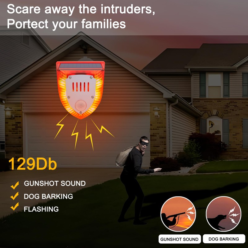 QXMH Solar Outdoor Motion Sensor Alarm: 129db Dog Barking &
