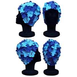 CHEX Anzio Thermal Rubber Floral Ladies Classic Retro 3D Flower Petal 2 Colour Stylish Vintage Swimming Hat Swim Cap Generous One Size Adults (Navy Blue/Light Blue)
