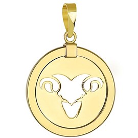 Jewelry America 14K Yellow Gold Reversible Round Ram Aries Zodiac Sign Pendant, Yellow Gold Diamond