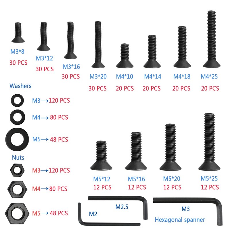 747 Pcs Nuts And Bolts Assorted Set(M3/M4/M5), Flat Hex Socket