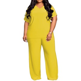 TOPSRANI Womens Plus Size Lounge Set V-Neck 2 Piece Outfits Sweatsuits Tracksuit Short Sleeve Baggy Wide Leg Pant Sets with Pockets Yellow 4XL