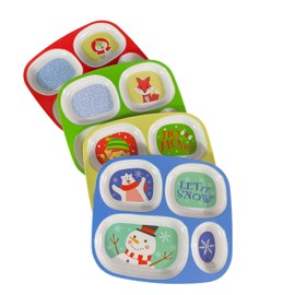 4E's Novelty Christmas Dinnerware Divided Plates For Kids (Set of 4) Melamine Plastic BPA Free Sectional Holiday Dinner Plates, Christmas Dishes for Toddlers