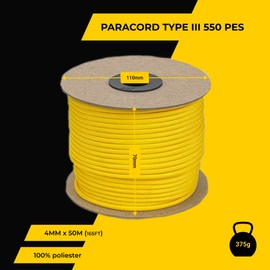 EdcX 4 mm Polyester Paracord 550 (15, 30 and 50 m) – 4 mm Type III, Tear-Resistant Parachute Cord for Survival Made of 100% Polyester with 7 Wires | Solid Colours (Bright Yellow, 50 m)