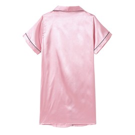 Hupohoi Girls Satin Pajamas Dress Button Down Silky Sleepwear Nightgown Short Sleeve Nightshirt Dresses, Pink, 8