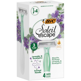 BIC Soleil Escape 3 Blade Disposable Razor for Women with Lavender & Eucalyptus Moisturizing Strips with Almond Oil - Box of 4