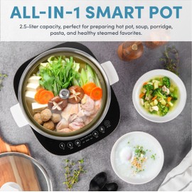 Aroma Housewares 2.5-Liter Smart Electric Hot Pot & Rapid Boil Steamer with Automatic Stainless Steel Steamer Basket Lift, White, ASP-700