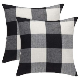 sourcing map Pack of 2 Check Cotton Linen Cushion Cover, Decorative Throw Pillow Cases for Home Couch Bed Car Decors - Square Pillow Covers 45x45cm/18x18in, Black, White 45 x 45cm