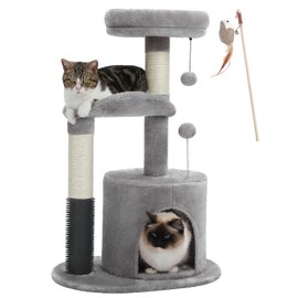 MUTTROS Small Cat Tree for Indoor Cats, Medium Cat Tower with Interactive Cat Toy, 32.7" Cat Condo with Self Groomer Brush, Natural Cat Scratching Post, Dangling Balls for Small & Medium Cats, Gray