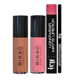 Kit de Labios y Mejillas | 2 Rubores Liquidos Bissu + 1 Labial de Larga Duracion + 1 Lapiz Delineador de Labios Ivy (SUPER MODEL)