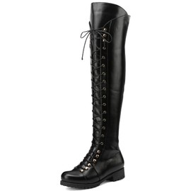 WUIWUIYU Women's Knee-High Boots Combat Riding Over Knee High Boots Lace Up Motorcycle Boots with Inside Zipper Black Size 11.5