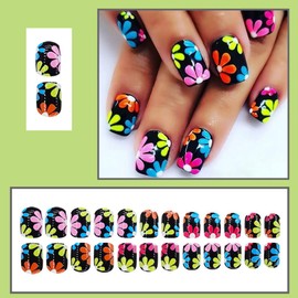 24 Pcs Spring Black Press on Nails Short Square - YIHONGYAN Fake Nails Press ons Nail Tips Acrylic Nail Art Manicure Kit Glue on Nails Full Cover False Nails Colorful Flowers Stick on Nail for Women