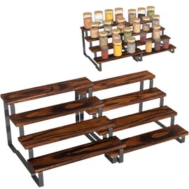 4 Tier Expandable Spice Rack Organizer (13.8” to 26”) Display Riser Stand, Kitchen Cabinet Countertop Pantry Coffee Bar Display Shelf for Spice, Liquor, Figure (2Pack-4Tier-Rustic Brown)