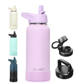 CIVAGO 32 oz Insulated Water Bottle With Straw, Stainless Steel Sports Water Cup Flask with 3 Lids (Straw, Spout and Handle Lid), Wide Mouth Travel Thermal Mug, Lavender