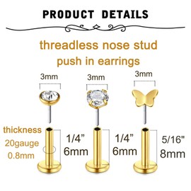 MODRSA Gold Nose Studs Threadless Nose Stud 20g Flat Back Nose Stud 20g Cartilage Earring Flatback Nose Stud 20 Gauge Nose Rings Push in Nose Stud Helix Piercing Conch Earring Studs for Women 6mm