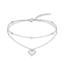 Amberta Silver Gold Waterproof Ankle Bracelets for Women | Boho Layered Anklets for Women | Summer Jewelry, Adjustable Ankle Chain Beaded Rope Heart: Silver Heart and Beaded Chain